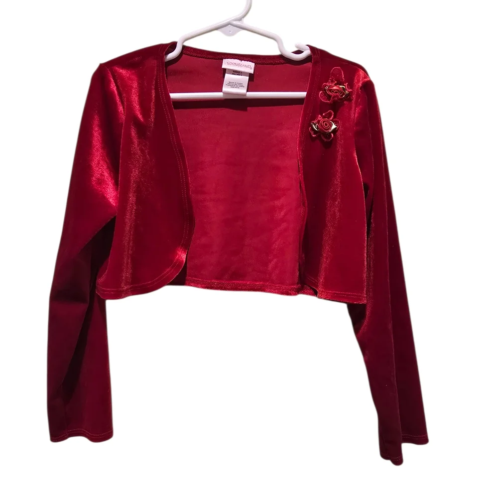 Youngland Scarlet Velvet Cropped Dress Cardigan with Floral Detail